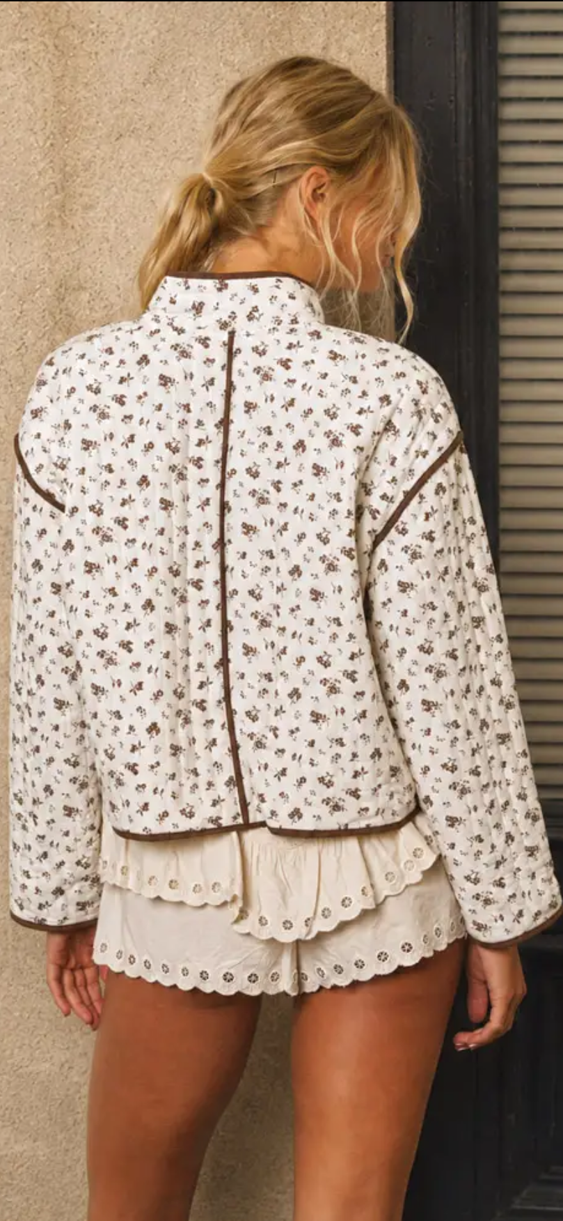 Floral Print Snap Button Quilted Jacket ￼