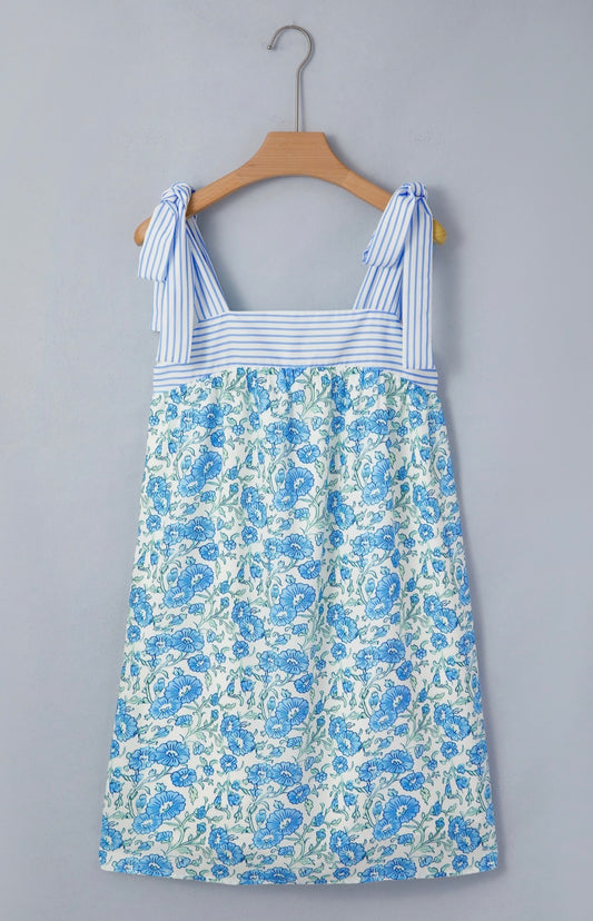 Floral Stripe Patchwork Bow Strap Dress