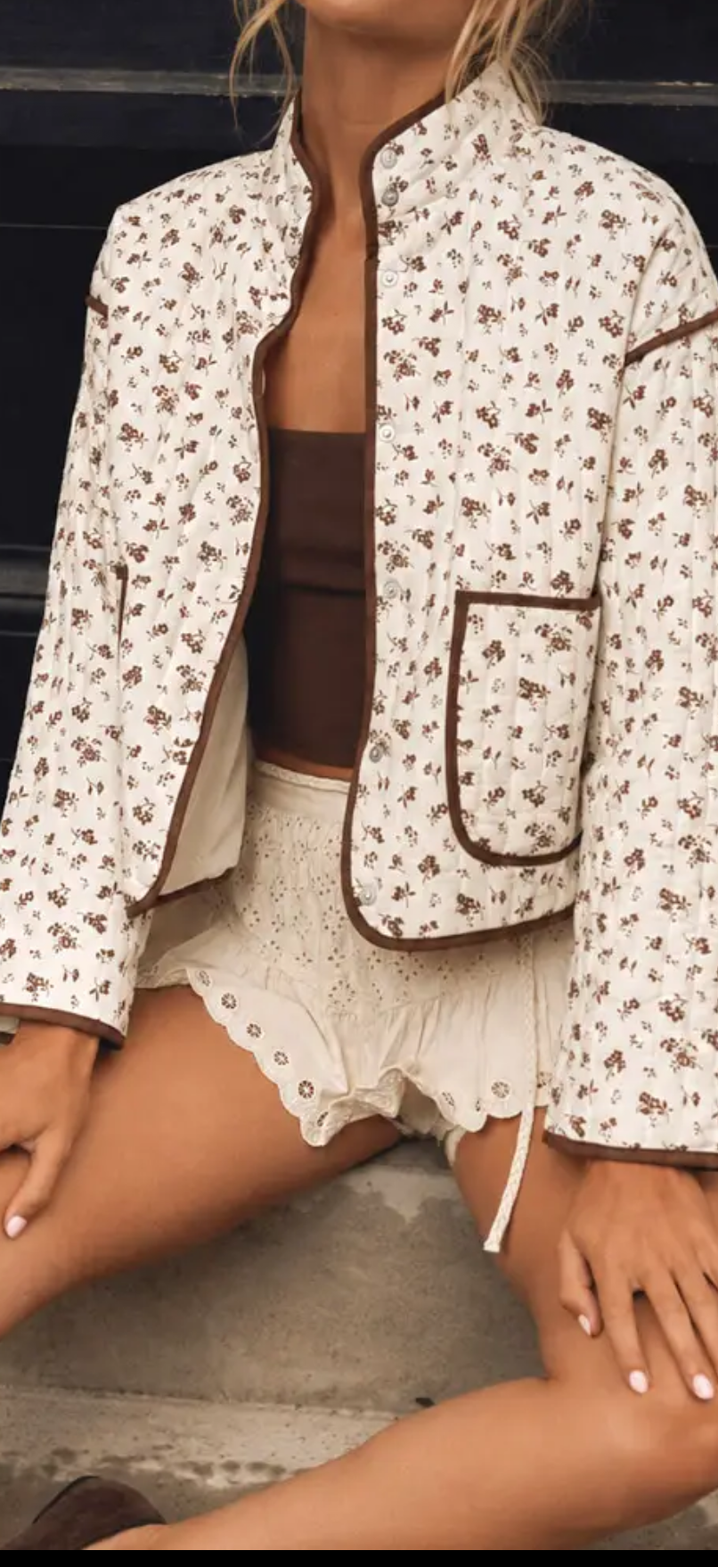 Floral Print Snap Button Quilted Jacket ￼
