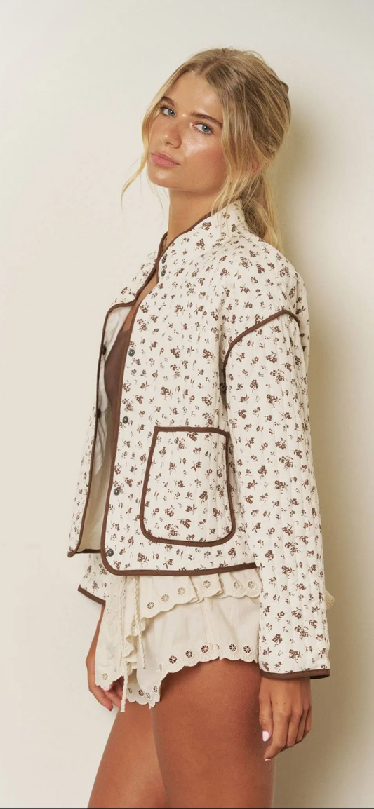 Floral Print Snap Button Quilted Jacket ￼