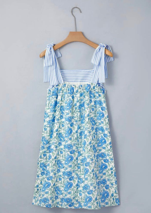Floral Stripe Patchwork Bow Strap Dress