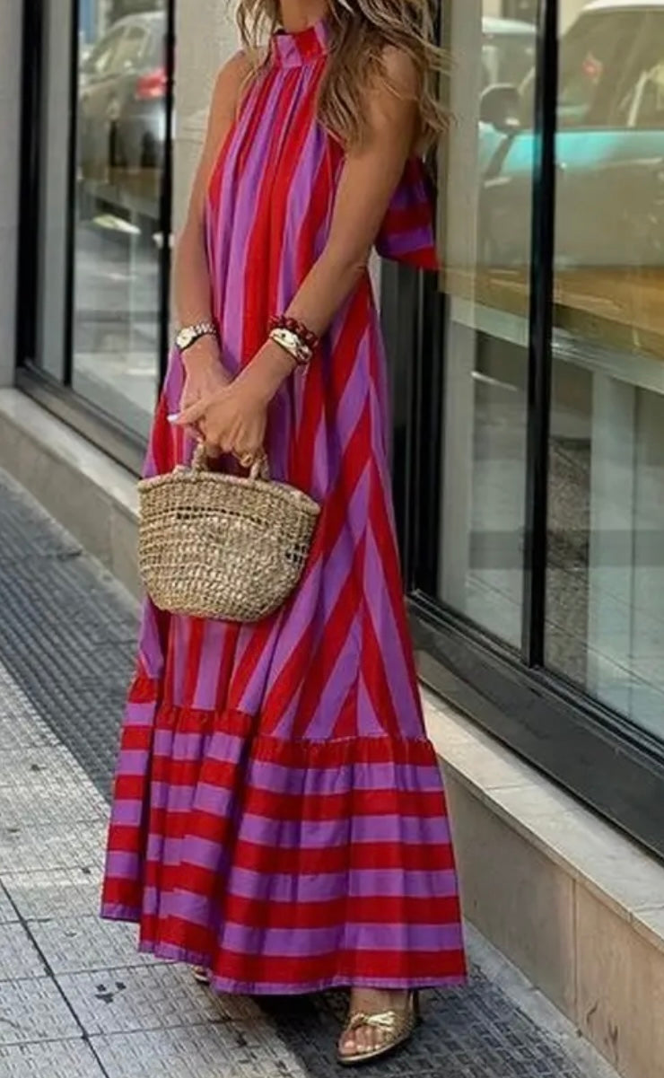 Halter Neck Backless Striped Dress