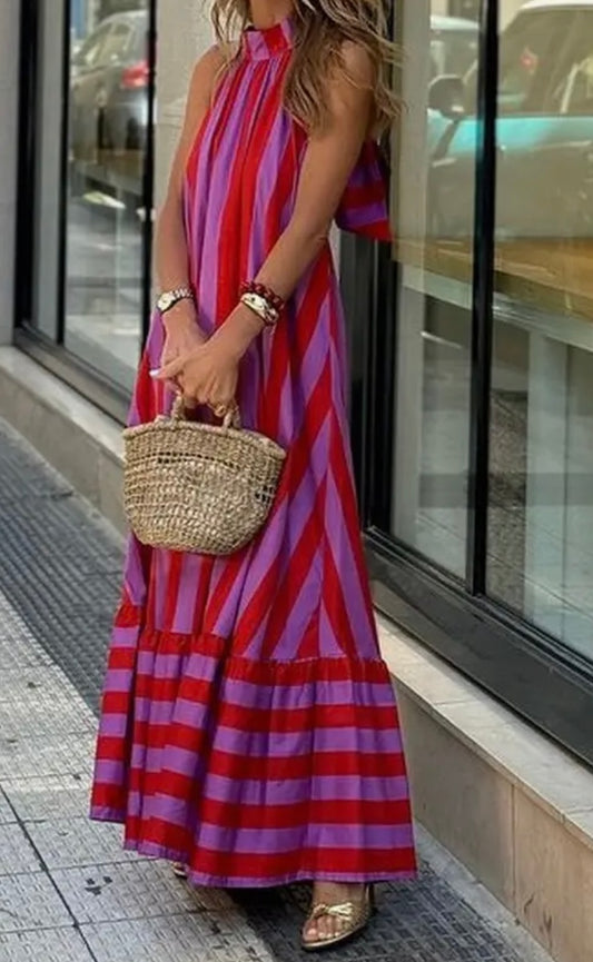 Halter Neck Backless Striped Dress