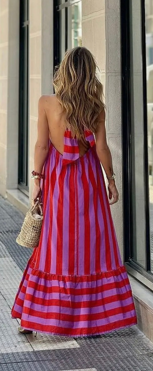 Halter Neck Backless Striped Dress