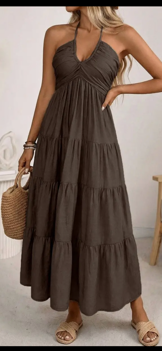 Brown Halter Flowy Maxi Dress