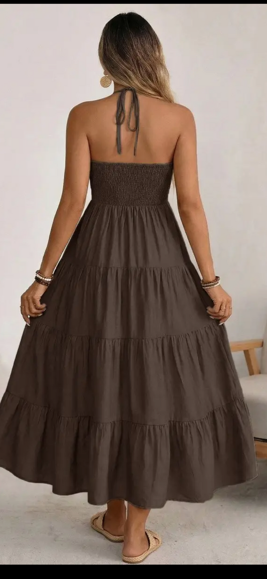 Brown Halter Flowy Maxi Dress
